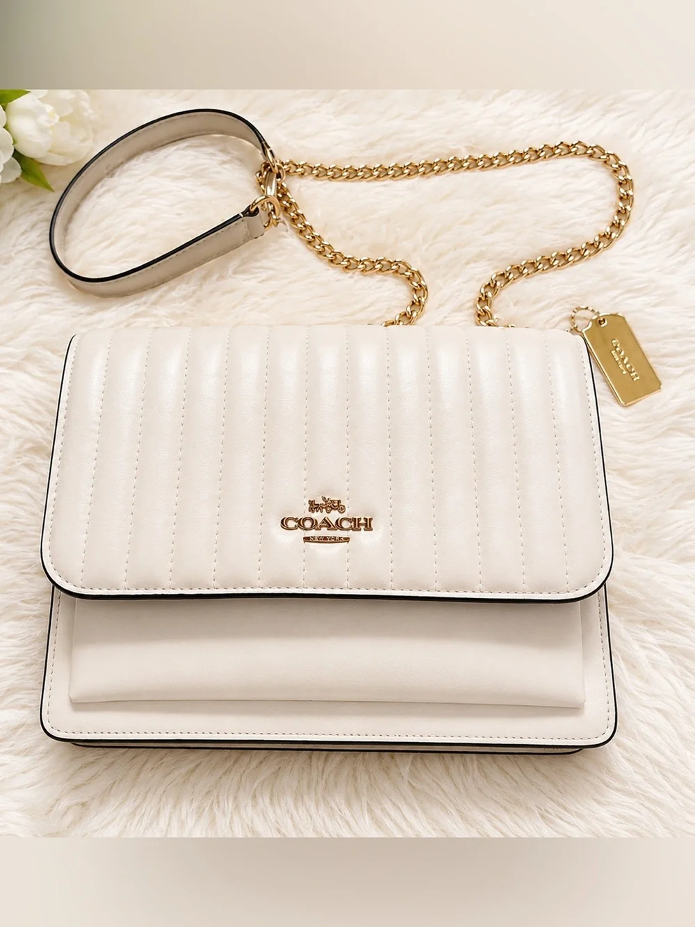 Coach Quilted Cream Leather Crossbody with Gold Chain